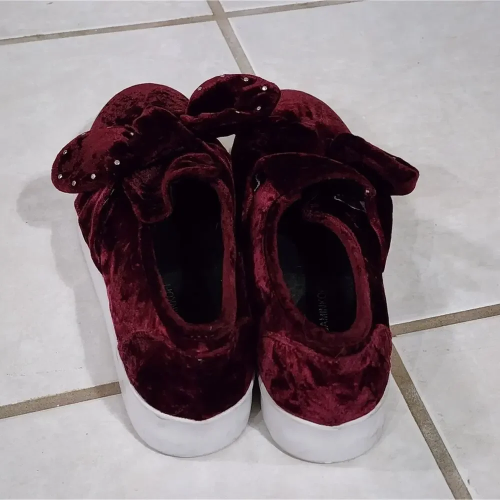 Rebecca Minkoff Burgundy Velvet Rhinestone Bow Platform Slip On Sneakers‎ 7.5